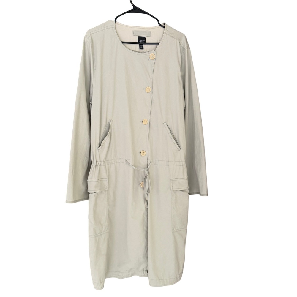 Eileen Fisher Gray Utility Trench Coat XL Cargo Drawstring Waist Minimalist